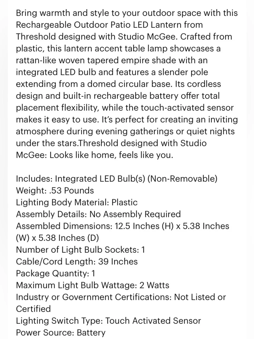 Threshold studio McGee Rechargeable Outdoor Patio LED Light Ivory